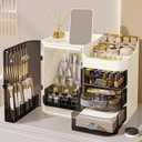 DASITON Makeup Organizer for Vanity,Large Capacity Makeup Storage Organizer with 3-Layer Drawers and Mirror,Cosmetics Display Case Make up Organizers for Vanity,Bedroom,Countertop(Black-Cream)