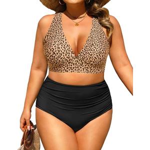 Daci Plus Size High Waisted Bikini - Two Piece Swimsuit Tummy Control Bathing Suit Sexy V Neck Swimwear 2025 22W, Brown Lepoard