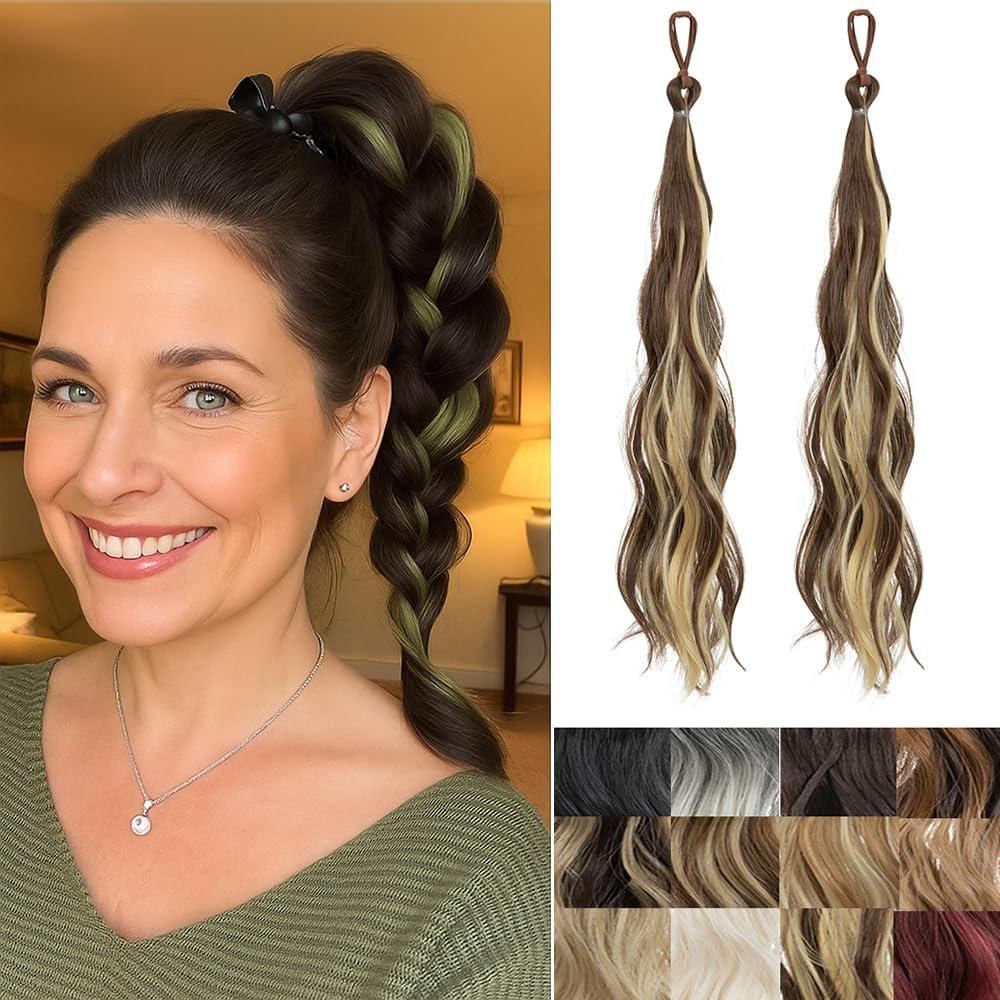 IOVOIMMSL 2 Piece Braid Wig Hair Piece Wavy Curly Scrunchies Synthetic Chignon Ponytail Hair Extensions Thick Updo Hairpieces for Women (Brunette and Butter Blonde)