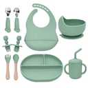 SILI FACTORY Silicone Baby Feeding Set 10Pcs, Toddler Plates with Suction Baby Bowls, Silicone Bibs for Babies, Self Feeding Cup Spoon & Fork, Baby Utensils Feeding Essentials for Starting Solids Green