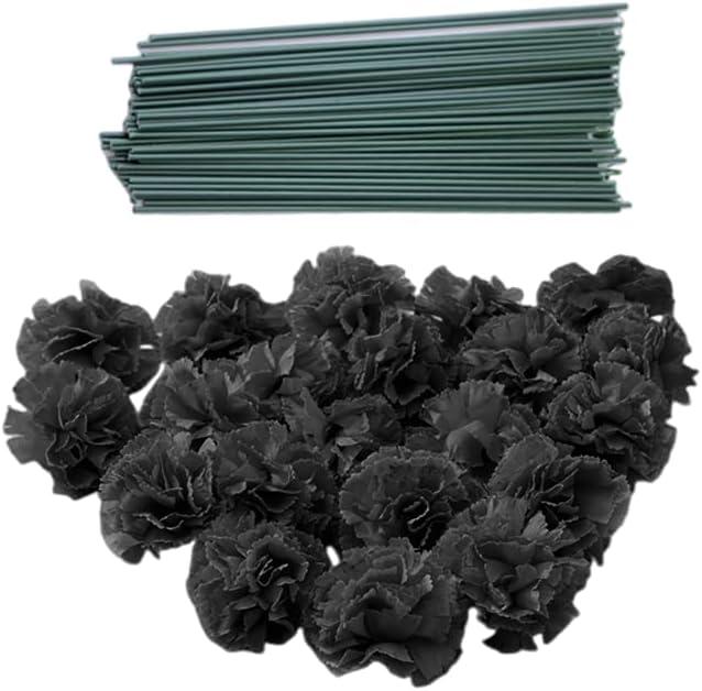 Rikyo 50 Artificial Silk Carnation Black Flower Head with Stems Set,Vase Fillers,Marigold Flower Heads for Diwali Home Decor Day of The Dead Wreath Garland Cake Ornaments,2" Petals Heads