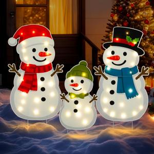 Large Illuminated Christmas Snowman Outdoor Decoration, 3-Piece pre-Installed Light 2D Snowman Family Set, Equipped with 30 Warm White Lights, Suitable for Balconies, lawns, and Gardens