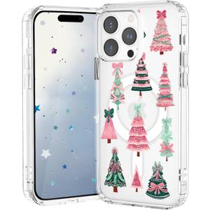 Christmas Case for iPhone 16 Pro Max,Pink Boho Xmas Tree Clear Magnetic Case,Compatible with MagSafe,Soft TPU Bumper Shockproof Protective Cover with Built-in Magnet Ring for Women