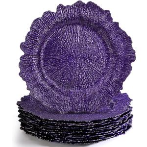WUWEOT 12 Pack Purple Charger Plates, 13" Plastic Reef Dinner Under Plates, Round Charger Service Base Plates Bulk with Ruffled Rim for Party, Wedding, Catering Event, Tabletop Decor