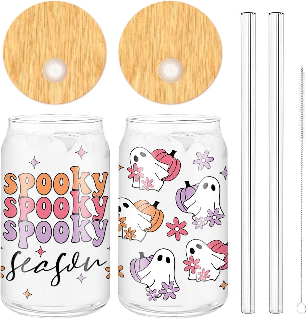 Whaline 2 Pack Groovy Halloween Drinking Glasses 16oz Spooky Ghost Pumpkin Flower Glass Cup Orange Pink Purple Iced Coffee Cup with Lid Straw for Cocktail Whiskey Beer Soda