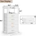 Furnulem White Nightstand with 5 Storage Drawer, Tall Dresser for Bedroom with Led Light and Charging Station, Side Table Nightstand for Closet, Fabric Bins, Metal Frame, Wood Shelf(White)