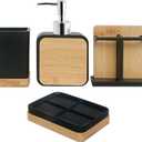 Bathroom Accessories Set with Cup, Toothbrush Holder, Soap Dishes and Soap Dispenser, Vanity Decoration, New Home Gift, Black with Bamboo