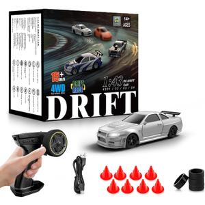 RC Drift Car, 1/43 Mini Rc Drift car with Gyroscope, 2.4GHz Full Proportional Remote control Cars, 4WD High Speed Racing with Lights, Racing Tires, Model Cars Gift for Adults, Kids, Boys, Girls (Grey)