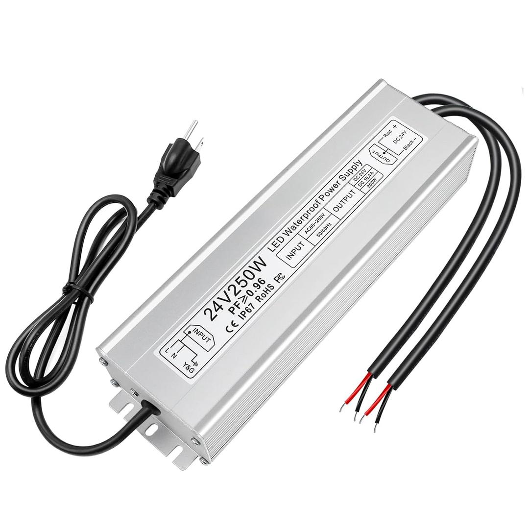 inShareplus 24V Power Supply, 250W IP67 Waterproof LED Power Supply, AC 80-265V to DC 24V 10.4A Outdoor Low Voltage Transformer, Adapter with 3-Prong Plug for LED Light, Outdoor Use