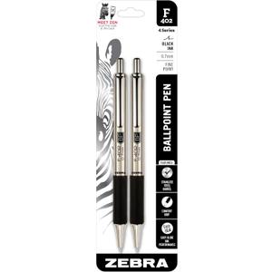 3 x Zebra Pen, STEEL F-402 Retractable Ballpoint Pens, 0.7mm Fine Point, Black Ink, Stainless Steel Barrel and Clip, Easy-Glide Ink, Comfort Grip, Refillable Pens for Office, School, 2-Pack (29212)