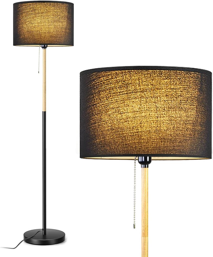 Modern Floor Lamp for Living Room Traditional Farmhouse Floor Lamps Mid-Century Pole Lamp with Linen Lamp Shade, Standing Tall Floor Lamps for Bedrooms and Office (Black)