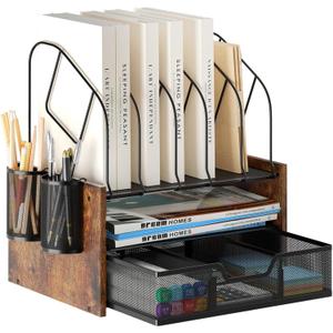 Wood Desk Organizer - 2-Tier Desktop File Organizer with Drawer with Vertical File Holder, Wooden Paper Tray, Office Desk Organzier and Accessories for Papers, Mail, Notebooks, Stationery