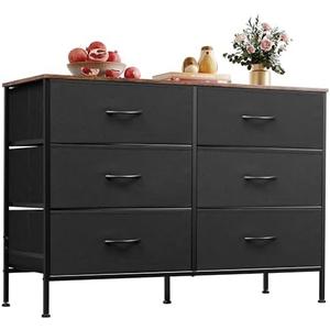 WLIVE Wide Dresser with 6 Drawers, TV Stand for 50 Inches TV, Entertainment Center with Metal Frame, Wooden Top, Fabric Storage Dresser for Bedroom, Hallway, Entryway, Black and Rustic Brown WLIVE Wide Dresser with 6 Drawers, TV Stand for 50 Inches TV, Entertainment Center with Metal Frame, Wooden Top, Fabric Storage Dresser for Bedroom, Hallway, Entryway, Black and Rustic Brown
