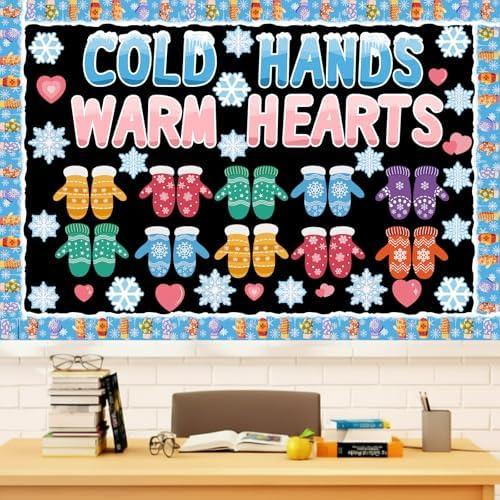 Ctosree 75 Pcs Winter Bulletin Board Decorations Set Christmas Classroom Decor Winter Gloves Snowflakes Cold Hands Warm Hearts Cutout with Glue Point for Teacher School Classroom Chalkboard Decor, Pack of 3
