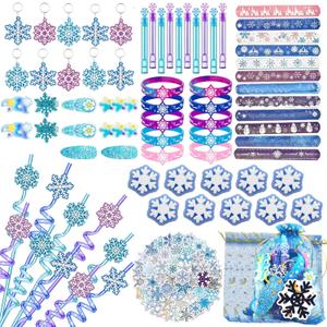 132Pcs Snowflake Party Favors Set Birthday Party Supplies Include 12 Bracelets, 10 Keychain, 10 snowflake squishies,10 wristbands,10 Hair accessories,10 straws,10 Bubble,50 Stickers and 10 Gift bags 132Pcs Snowflake Party Favors Set Birthday Party Supplies Include 12 Bracelets, 10 Keychain, 10 snowflake squishies,10 wristbands,10 Hair accessories,10 straws,10 Bubble,50 Stickers and 10 Gift bags