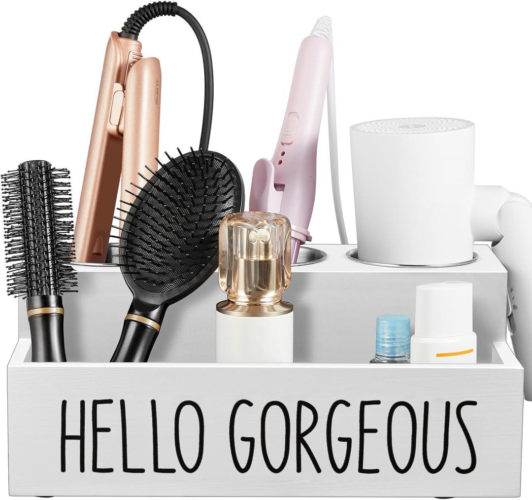 Bivvclaz Hair Tool Organizer, Wooden Hair Dryer Holder Countertop, Wall Mount Hot Tools Organizer for Hair Styling Accessories, Bathroom Supplies Vanity Caddy for Curling Wand, Blow Dryer, White