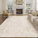 PureCozy Beige Area Rug 9x12 Machine Washable Large Vintage Living Room Distressed Non Slip Carpet Traditional Indoor Bedroom Retro Floral Accent Throw Rug for Office Kitchen Dining Room