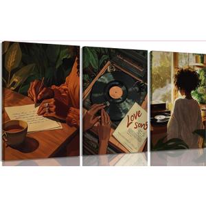 3 x XLYFVLGF 3Pcs Black Women Canvas Wall Art African American Pictures Wall Decor Black Girl Painting Fashion Abstract Prints for Bedroom Bathroom Living Room Home Decoration 16x24in, 24L"x16W"-Canvas