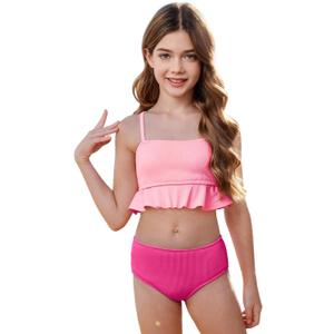 Zando Cute Swimsuits for Teen Girls Bikini 2 Piece Swimsuit Ruffle Swim Suit Beach Swimwear Bathing Suits for Teens 7-14 (9-10 Years, Hot Pink & Pink)