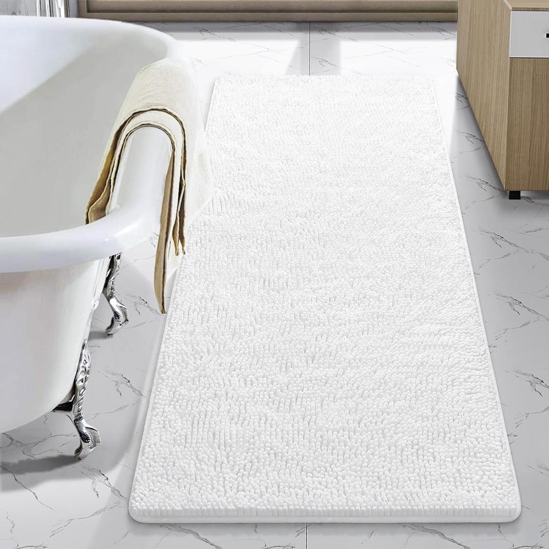 LOCHAS Luxury Bathroom Rug Shaggy Bath Mat 24 x 54 Inch, Washable Non Slip Bath Rugs for Bathroom Shower, Soft Plush Chenille Absorbent Carpets Mats, White