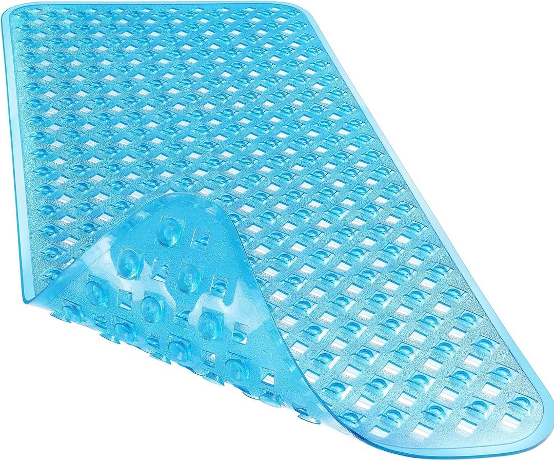 Yimobra Bathtub Mat Non Slip, 34.5"X15.5" Shower Mat with Strong Suction Cups & Drain Holes, Long Anti Slip Bath Tub Mat for Inside Shower, Machine Washable Fast Drying, Bathroom Essentials,Clear Blue