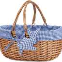 G GOOD GAIN Wicker Picnic Basket with Double Folding Handles,Willow Picnic Hamper,Natural Hand Woven Easter Basket,Easter Eggs and Candy Basket,Bath Storage,Gift Packing Basket, Blue