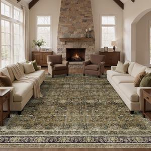 WITSHOCK Boho Large Area Rug 12X14 for Living Room, Soft Low Pile Non-Slip Machine Washable Farmhouse Olive Green Brown Rugs for Bedroom Dining Room Indoor Home Office Carpet