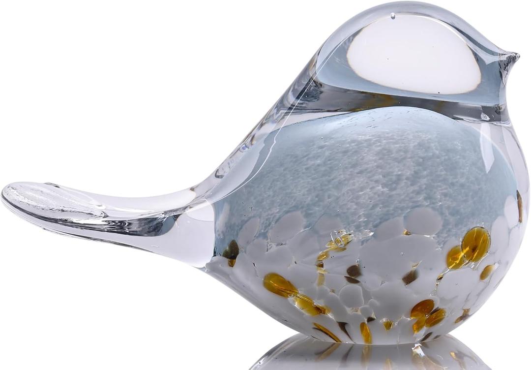 DOVDOV Hand Blown Glass Bird Statue Home Decor, Small Blue Glass Art Bird Sculpture for Office Desktop on Dresser entryway Decorative Ornament and Paperweight. (6.9in)