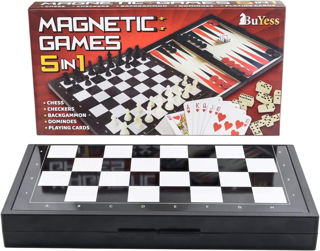 5 in 1 Magnetic Chess Checkers Dominoes Backgammon and Cards Set, Mini Travel Size Multi Board Games