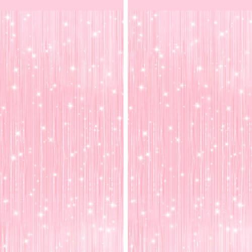 2Pack Pastel Pink Metallic Tinsel Foil Fringe Curtains, Pink Backdrop, Door Streamers Photo Booth Backdrop for Birthday Party, Tinsel Curtain Backdrop for Shower Bachelorette Xmas Party Decorations