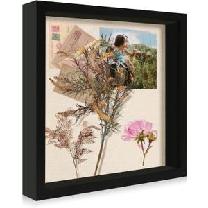 11x11 Shadow Box Display Case with Tempered Glass, Black Wooden Large Memory Shadow Box Frame with Soft Linen Back for Wall or Tabletop Display