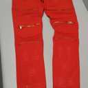 Rexcyril Men's Moto Biker Jeans Distressed Ripped Skinny Slim Fit Denim Pants with Zippers Size 30, Red