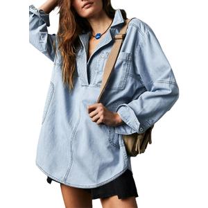 Fazortev Women's Denim Pullover Casual Button V Neck Blouse Loose Fit Long Sleeve Jean Jacket With Pocket (XX-Large, Light Blue)