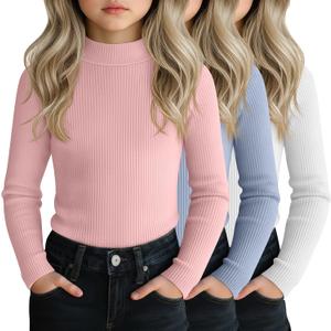3 Pack Girls' Mock Turtleneck Shirts Cotton Long Sleeve Ribbed Tops Slim Fit Casual Base Layer for Kids Winter (7-8 Years, White, Macaron Pink, Macaron Blue)