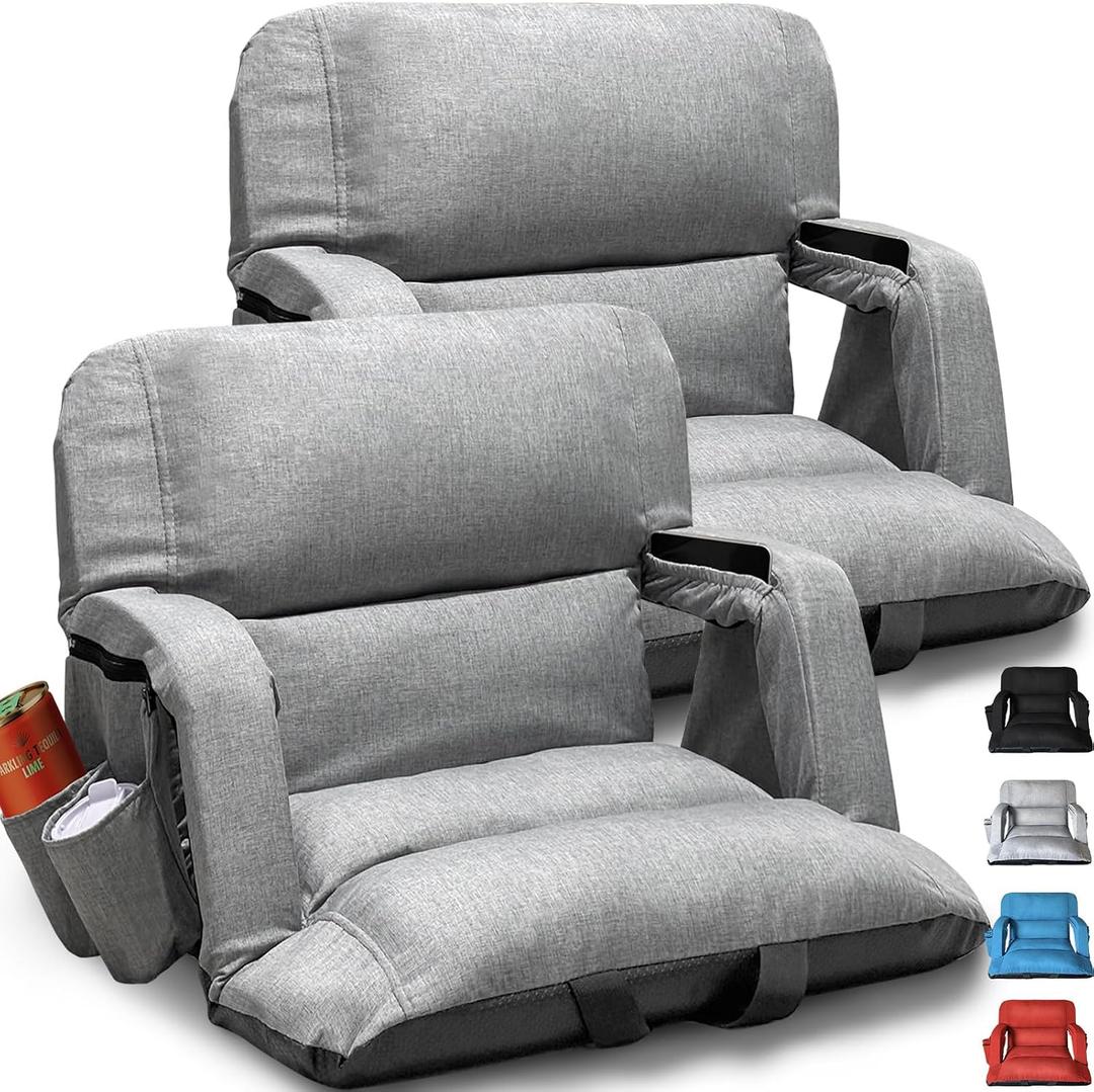 Wide Stadium Seats With Back Support 2 Pack, Exclusive "Sofa Style" Design Extra Thick Bleacher Chairs With Back and Cushion, 6 Reclining Positions - Ultimate Comfort for Sports Events (Grey, 22.5"), Wide - Width 22.5 Inches