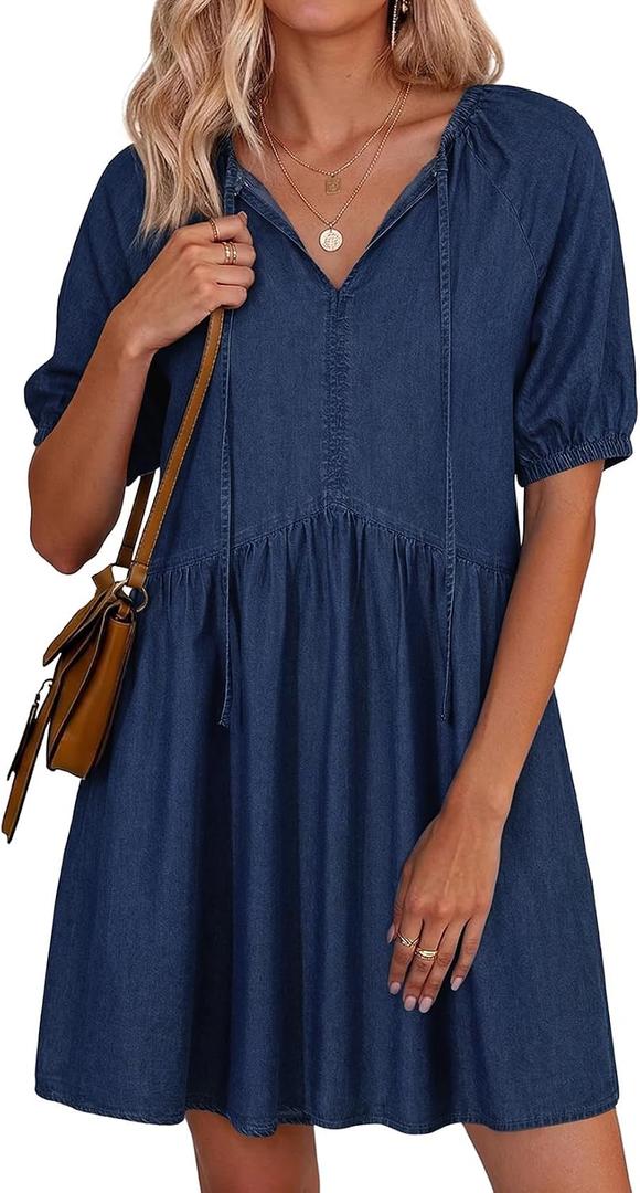 Dokotoo Denim Dress for Women Short Puff Sleeve V Neck Solid Babydoll Jean Dresses (Blue, M)