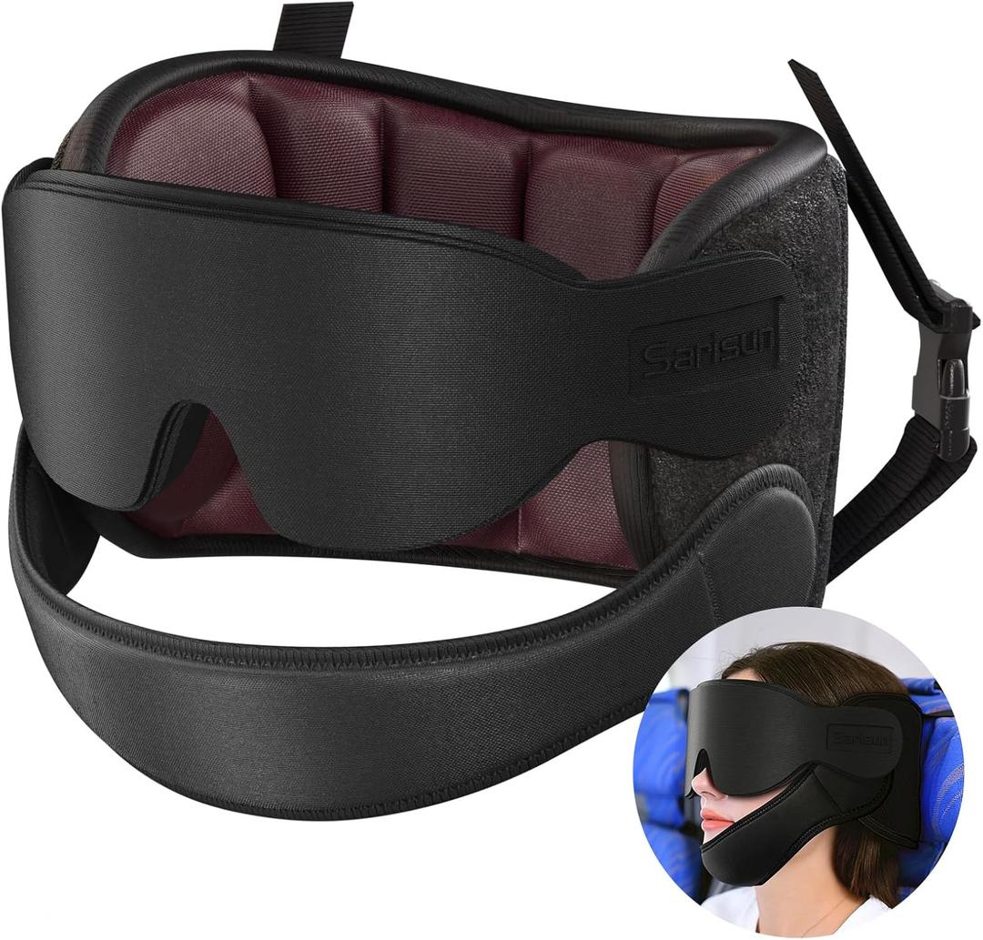 Travel Pillows for Airplanes with Sleep Eye Mask, Chin Strap, Airplane Pillow for Long Flights, Car Road Trip, 360 Headrest, Stop Bobblehead, FSA HSA Eligible, Red