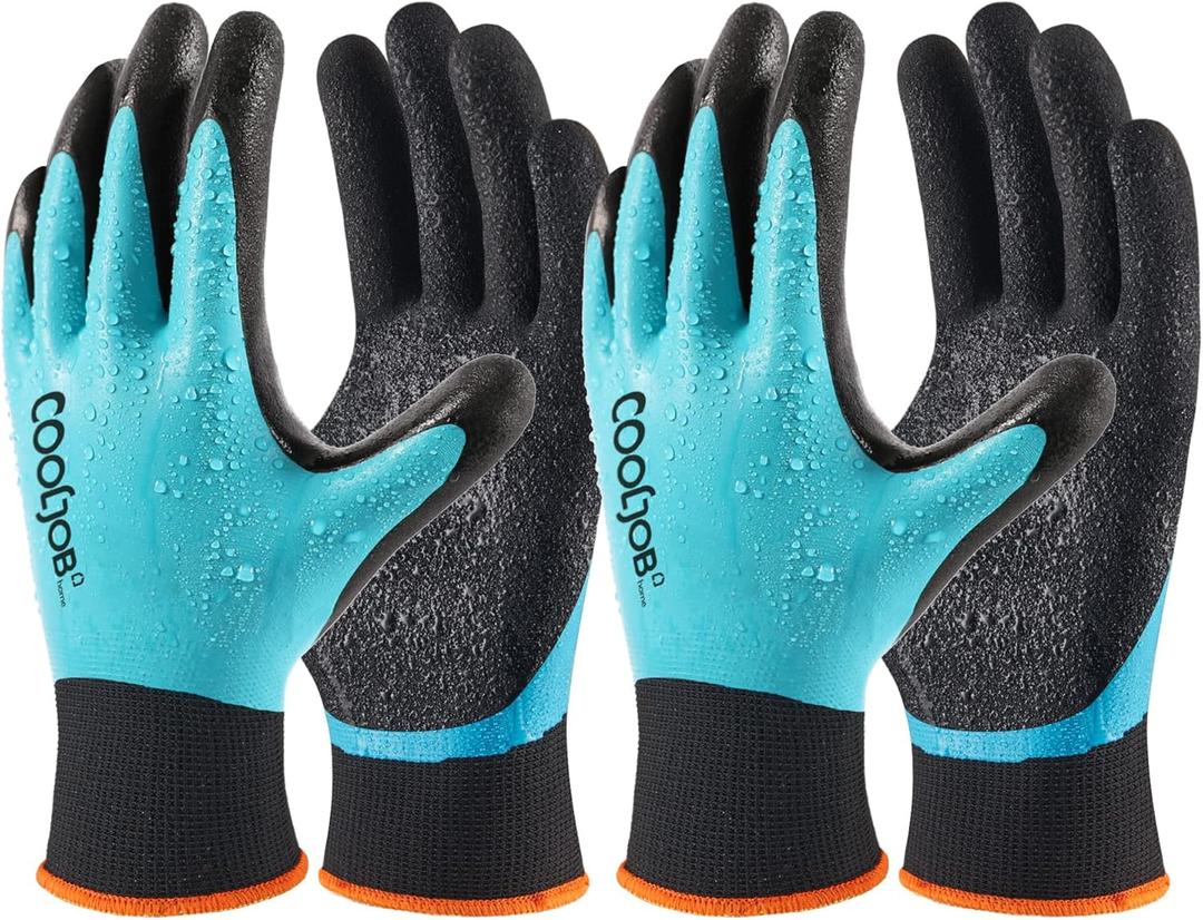 COOLJOB Waterproof Gardening Work Gloves with grip for Women & Men, Double Rubber Coated for Garden Yard Outdoor Construction Worker, Blue Small Size 2 Pairs (No Fleece/Blue)