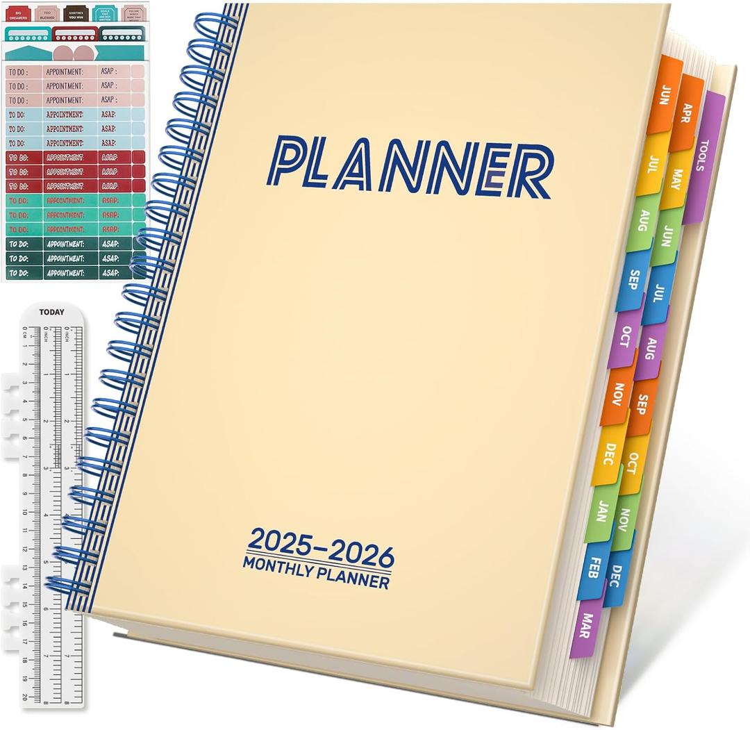 19 Months Planner, 2026 Weekly & Monthly Planner, 8.5"11" Daily Weekly Monthly Calendar Planner, June 2025-Dec 2026 Organizers with Habit Tracker for School & Office, Colored Tabs, Stickers, Pocket, Ruler Bookmark-Beige