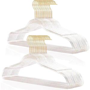 VSV stoage Clear Clothes Hangers 16", 40 Pack Plastic Coat Hanger for Adult Closet, Bling Thin Hangers with Swivel Gold Hook, Notched Shoulders Perchas - Clothing Rack for Bridesmaid Dresses