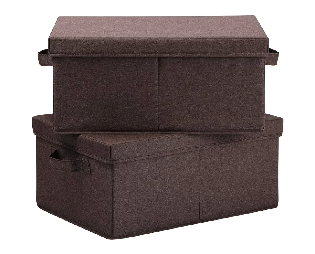 Chicnchill Linen Foldable Storage Bins with Lids, 2 Pack, Storage Boxes with Carrying Handles and Sturdy Heavy Cardboard, 17" x 12" for Shoes, Books, Clothes, Brown