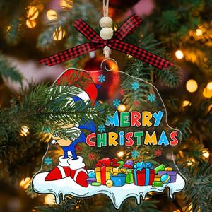 Blue Speedy Hedgehog Christmas Acrylic Ornament, Holiday Tree Hanging Decoration, Sonic-Style Cartoon Blue Hedgehog Ornament Gift for Kids, Boys, Girls, Fans (with Red Bow & Wooden Beads)