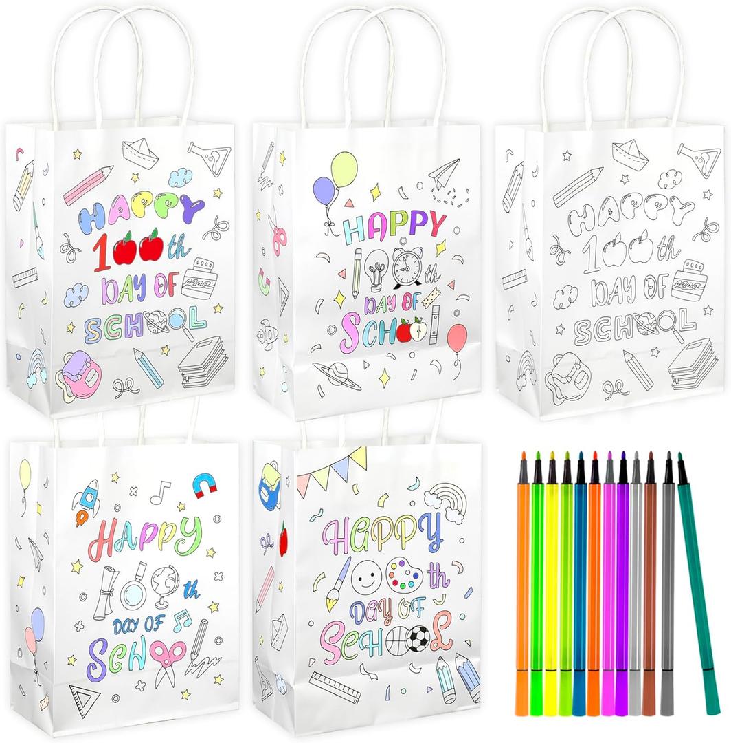 HOWAF 100th Day of School Coloring Goodie Bags with 12 Paint Pens 100 Days of School DIY Treat Bags White Paper Goodie Bags Color Your Own 100th Day Activities Gifts Craft Bags Classroom Supplies