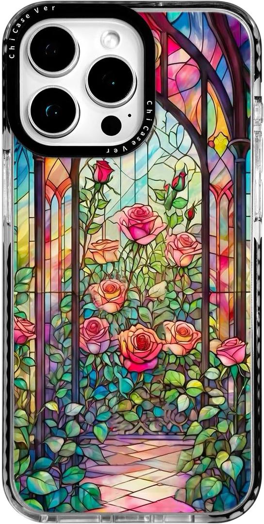 for iPhone 16 Pro Max Case,Stained Glass Rose Garden Pattern,Military-Grade Drop Protection,Elegant Floral Soft Slim TPU Protective Cover with Camera Protection for Girls