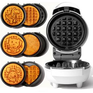 6-in-1 Mini Waffle Maker With Removable Plates, 4.5'' Mini Waffle Iron for Holidays, Parties & Events Waffle Maker Machine, 8 Plates with Premium Ceramic Coating, White