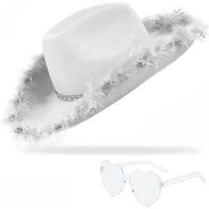 YBHOMINE Cowboy Hat with Heart Sunglasses - Cowgirl Hat with Feather Boa Brim for Women&Men,Bachelorette Party Halloween (White)