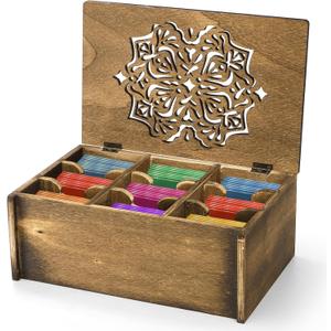 Tea Bag Organizer Storage Box, Wood Tea Holder Box, 9 Compartments Teas Chest Containers with Floral Carved Lid for Assorted Spice Packets, Home Decor, Multi-Functional Storage Boxes
