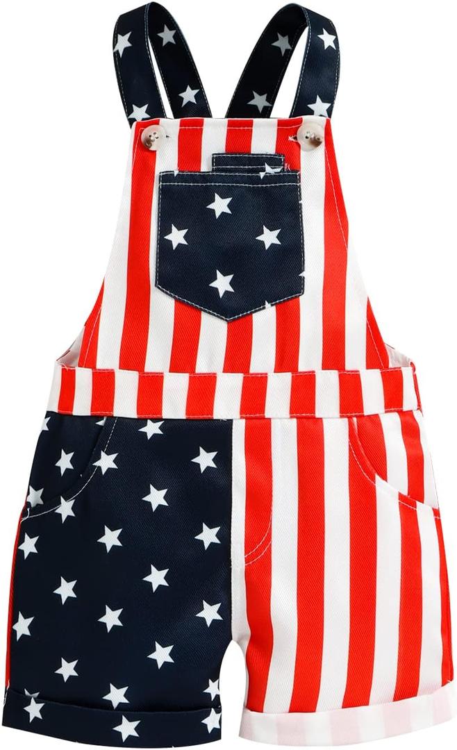 Adobabirl Toddler Baby 4th of July Outfit Girl Boy American Flag Overall Shorts Suspender Denim Jumpsuit with Pocket, 3-4T