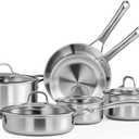 ROVSUN 10-Pcs Stainless Steel Cookware Set, Tri-Ply Pots and Pans Set, Non-Toxic Kitchen Set, PFOA & PTFE Free, Full Clad Frying Pans, Saucepans, Saute Pan & Stock Pot, Compatible for All Cooktops, 10-Pieces Set