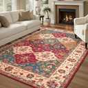 Lessymo Moroccan Washable Area Rugs 5x7, Soft Rugs for Living Room Bedroom, Indoor Non-Slip Large Vintage Carpet for Entryway Home Office, Classic Red and Cream